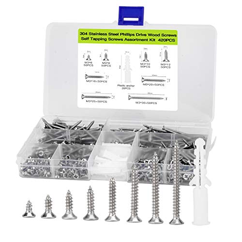 M3 Flat Head Wood Screws Assortment, 420pcs Stainless Self Tapping Screws - color: M3-Silver, size: 420PCS