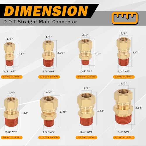 5PCS Brass DOT 1/4" Tube x 1/4" NPT Compression Union Nylon Tubing - size: 1/4" OD x 1/4" NPT, style: Straight Male NPT Thread-5PCS