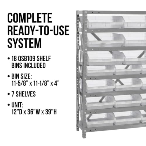 Quantum Storage Systems 1239-109CL Clear-View Sloped Shelving Unit with 4" Shelf Bins, 18 QSB109 Shelf Units, 12" D x 36" W x 39" H - size: 39" H x 36" W x 12" D, style: 12" L x 12" W x 4" H 18 Economy Clear Bins