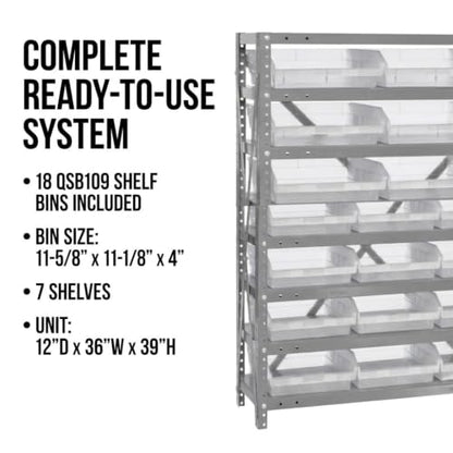 Quantum Storage Systems 1239-109CL Clear-View Sloped Shelving Unit with 4" Shelf Bins, 18 QSB109 Shelf Units, 12" D x 36" W x 39" H - size: 39" H x 36" W x 12" D, style: 12" L x 12" W x 4" H 18 Economy Clear Bins