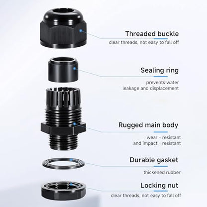 Cable Glands 50 pcs Cable Gland Waterproof joints, Adjustable Black 3-16mm Waterproof Cable Connectors PG7 PG9 PG11 PG13.5 PG16 PG19 Plastic 4 cable glands and Gaskets in PP Box - color: Black