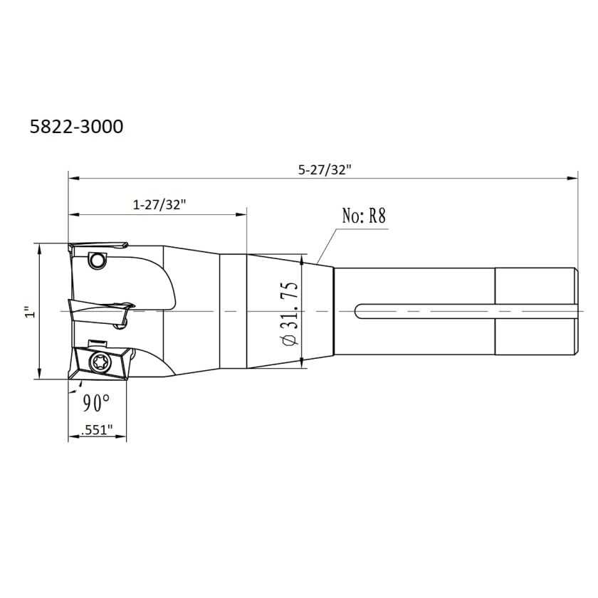 HHIP 5822-3000 90 Degree R8 Indexable End/Face Mill, 1" - size: 1 in, style: R8