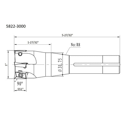 HHIP 5822-3000 90 Degree R8 Indexable End/Face Mill, 1" - size: 1 in, style: R8