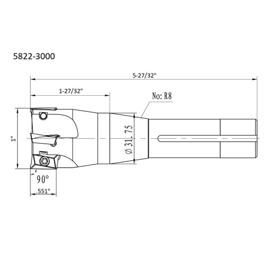 HHIP 5822-3000 90 Degree R8 Indexable End/Face Mill, 1" - size: 1 in, style: R8