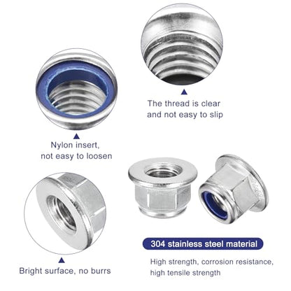 uxcell M12x1.75mm Flange Nylon Insert Lock Nuts 10Pcs 304 Stainless Steel - size: M12-1.75
