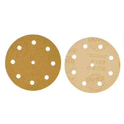 Dura-Gold 5" Gold Sanding Discs, 100 Grit, Box of 50, 9 Hole Pattern, H & L - size: 100-Grit