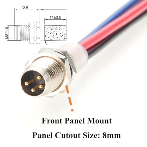 IP67 M8 A-Code 4 Pin Male Connector Receptacle Cable Front Panel Mount Sensor Circular Socket Electrical Cable with Pre-Assembled Pigtail Wires for Industrial Automation, PLCs, Robotics(20cm)