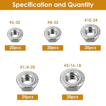 105pcs Serrated Flange Hex Lock Nuts Assortment Kit 304 Stainless Steel 5 Sizes - size: 105pcs Assortment kit