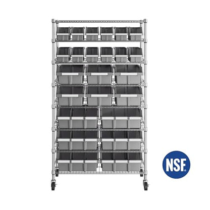 8-Tier NSF 24-Bin Steel Wire Shelving Rack, 36"W x 14.25"D x 63.5"H, Gray - color: Gray, size: 8-Tier Includes 24 Bins