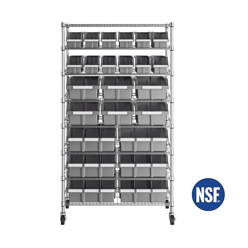 8-Tier NSF 24-Bin Steel Wire Shelving Rack, 36"W x 14.25"D x 63.5"H, Gray - color: Gray, size: 8-Tier Includes 24 Bins