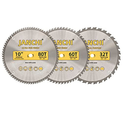 3-Pack Combo 10-Inch 32T & 60T & 80T Woodworking Saw Blades with 5/8" Arbor, .095" Thin Kerf Alternating Top Bevel Tungsten Carbide Teeth Miter/Table Saw Blade Ideal for Various Woods Cutting - size: 10" 32T/60T/80T