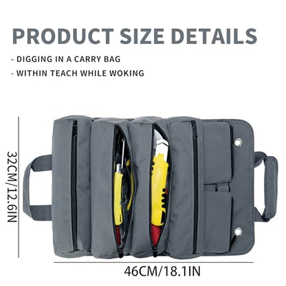 Tool Roll Bag, Tool Bag Organizer, Tool Carrier Roll UP Storage Pouches with 6 Zipper Pockets & Strap, Gifts for Men Mechanic Electrician Hobbyist (Gray) - color: Gray