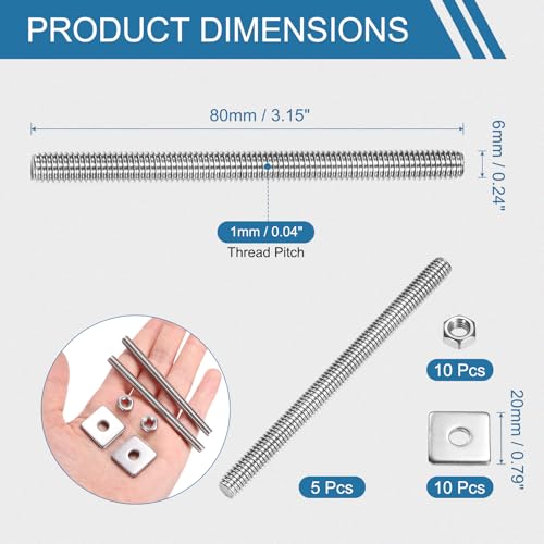 PATIKIL 5 Pcs Fully Threaded Rod, M6 x 80mm 304 Stainless Steel Right Hand Long Thread Bar Studs with Nuts Square Washers for Pipes Clamps Hangers U-Bolts