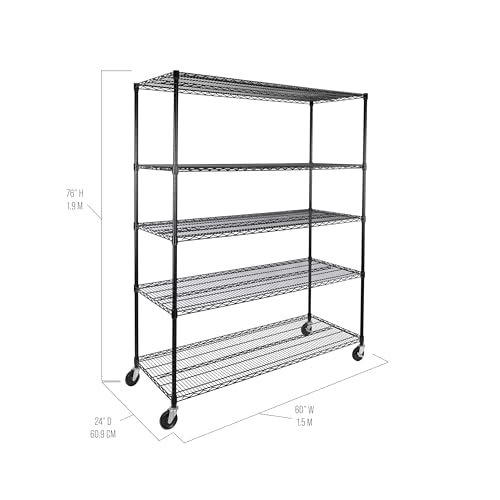 UltraDurable 5-Tier NSF Steel Wire Shelving, 60"W x 24"D x 76"H, Black - color: Black, size: 5-Tier Shelving, 60" W x 24" D