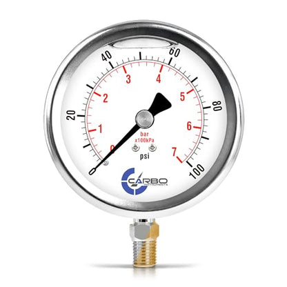 Carbo 100 PSI Liquid Filled Pressure Gauge with NIST Traceable Certificate, Calibrated in USA Lab, 4" Dial, 1/4 NPT Lower Mount, ASME Grade A, 304 SS Case, Brass Wetted Parts, PSI/Bar - size: 0-100 Psi, style: NIST TRACEABLE