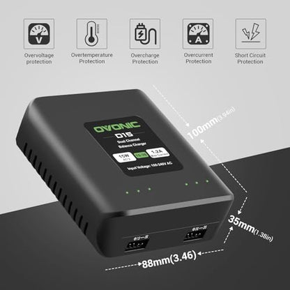 OVONIC D15 Dual LiPo Battery Charger AC 15W 1.2A for 1S-3S LiPo Batteries, RC Battery Balance Charger for RC Cars, Boats, Drones