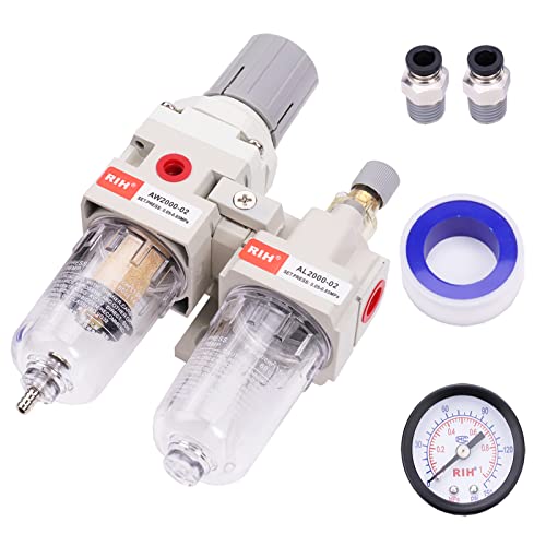 RIH 1/4" NPT Compressed Air Filter Regulator Lubricator Combo Water/Oil Trap Separator - Gauge(0-150 psi), Semi-Auto Drain, Poly Bowl,Bracket - 3 in 1 Two Unit (1/4" NPT) - size: 1/4“ NPT