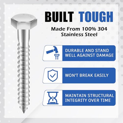 Zonon 100 Pcs 1/4" X 2" 304 Stainless Steel Lag Screw for Wood, Silver - color: Silver, size: 1/4" X 2"