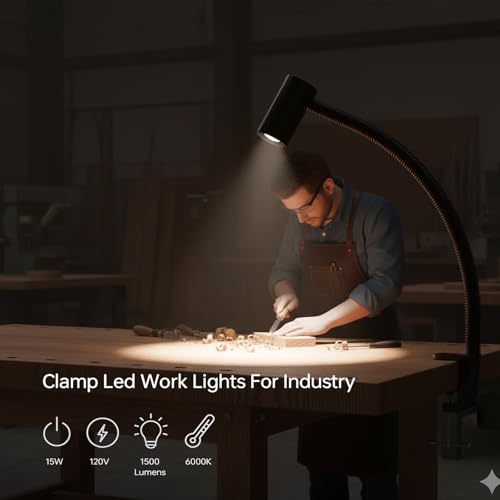 LED Clamp Work Light, 1500lumens 20in Flexible Gooseneck Work Lamp with C-Clamp for Lathe Machines, Workbenches. 15W