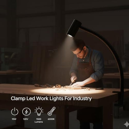 LED Clamp Work Light, 1500lumens 20in Flexible Gooseneck Work Lamp with C-Clamp for Lathe Machines, Workbenches. 15W