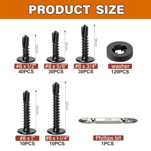 240PCS #8 Truss Head Self Tapping Screws for Metal, 5 Sizes - color: Black, size: BLK 240PCS #8 Kit