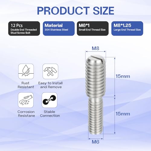 M6x15mm to M8x15mm Double End Threaded Stud Screw Reducing Bolt,304 Stainless Steel Thread Reducer Adapter for Furniture Fastener Welding, Hardware Connectors 12 Pack - size: M6x15mm to M8x15mm