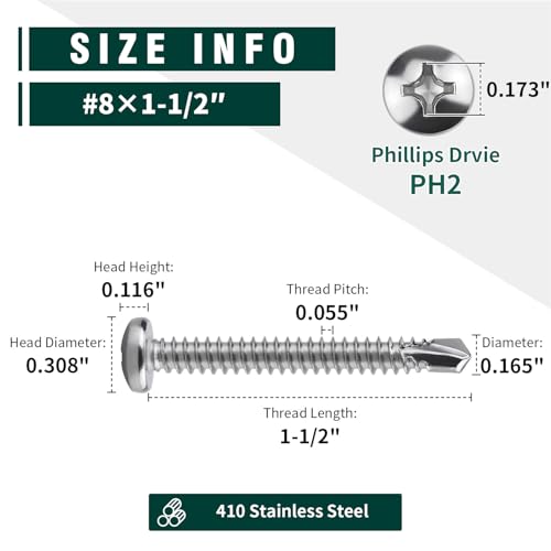 #8 x 1-1/2" Pan Head Self Drilling Screws, Phillips Drive, 410 Stainless Steel Sheet Metal Screws,Self Tapping, Dovetail, Pack of 100 - size: #8 x 1-1/2"
