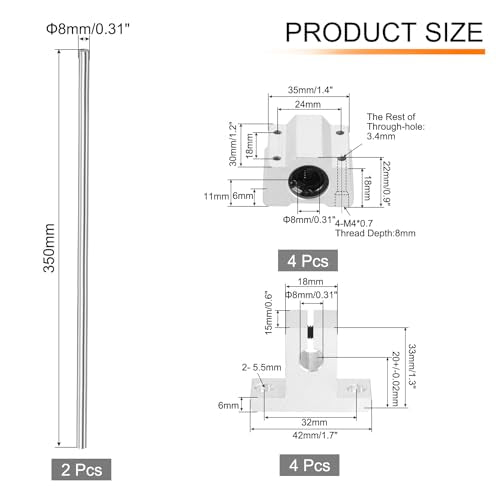 UXCELL 2 Pcs 8mm x 350mm Linear Motion Rail Shaft Slide Guide with 4 SCS8UU Bearings and 4 SK8 Rail Support Linear Motion Rod Shaft Guide Set for CNC Machine 3D Printer, Silver - size: 350mm