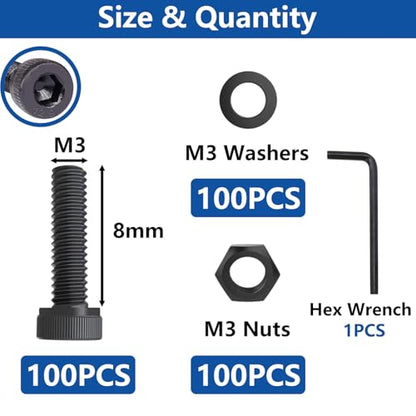 300PCS M3 x 8mm Hex Socket Head Cap Screws with Nuts and Washers, 12.9 Grade Alloy Steel M3 Bolts with Hex Wrench - color: BK-M3 x 8mm