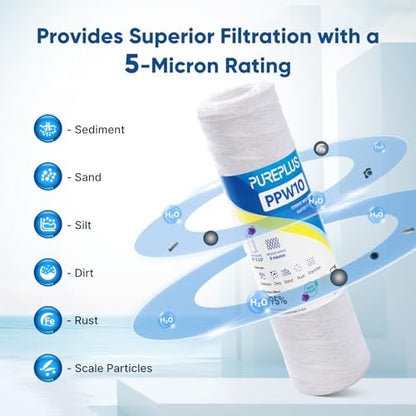 PUREPLUS 5 Micron 10"x2.5" Whole House String Wound Sediment Filter 4 Pack - size: 4 Count (Pack of 1)