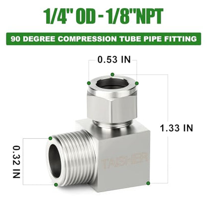 TAISHER 2PCS 304 Stainless Steel Square 90 Degree Compression Tube Pipe Fitting Connector, 1/4" Tube OD x 1/8" NPT Male Adapter - size: 1/4" OD x 1/8" MNPT