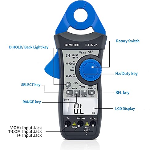 BTMETER Clamp Multimeter BT-870K, DC AC Digital Voltage Current Meter, Auto Electric DMM Tester Avometer for Volt Amp Ohm Hz Temp Diode Continuity
