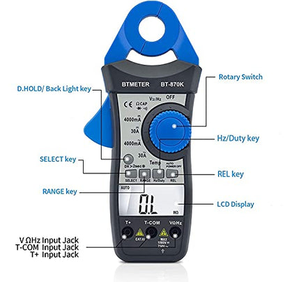 BTMETER Clamp Multimeter BT-870K, DC AC Digital Voltage Current Meter, Auto Electric DMM Tester Avometer for Volt Amp Ohm Hz Temp Diode Continuity