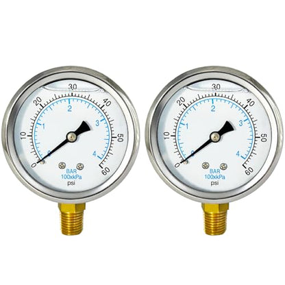 YSIL 0-60 Psi Liquid Filled Low Pressure Gauge 1/4”NPT Lower Mount 2PCS - size: 0-60Psi