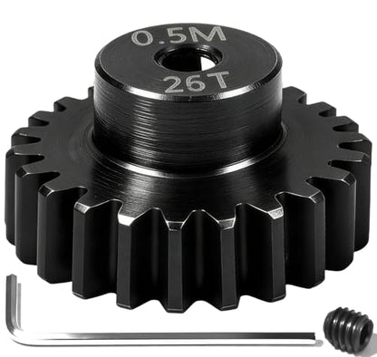 Hardened Steel 0.5M Pinion Gear 26T 2mm Shaft for RC Car/Helicopter Upgrade, Compatible with ARRMA 1/14 Typhoon 1/16 Mojave 1/18 Granite, Losi 1/12, 0.5Mod 13T-27T Gear for Brushed Brush-Less Motors - size: 26T