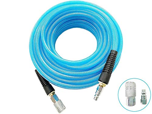 SANFU Polyurethane(PU) Reinforced 3/8”ID x 50ft Air Hose, Non-kinking with 3/8” Repaired Industrial Quick Coupler and Plug, Bend Restrictor, Transparent Blue(50’) - color: Blue, size: 50FT