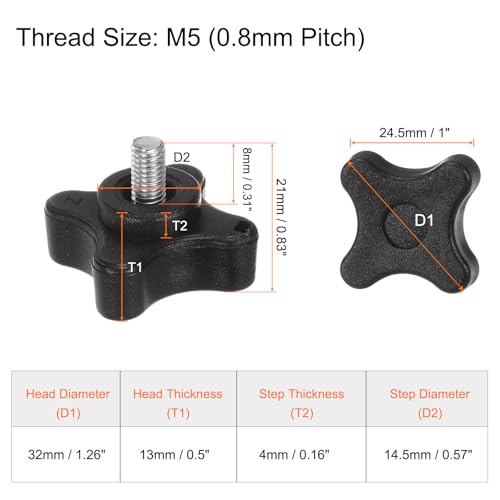 HARFINGTON 6pcs Star Clamping Knobs M5 x 8mm Metric Male Thread 32mm 4-Point Plastic Head Threaded Stud Knob Hand Tightening Thumb Screw Jig Handle, Black - size: M5 x 8mm x 32mm