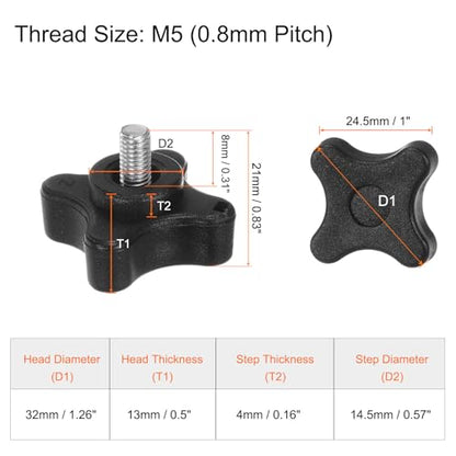 HARFINGTON 6pcs Star Clamping Knobs M5 x 8mm Metric Male Thread 32mm 4-Point Plastic Head Threaded Stud Knob Hand Tightening Thumb Screw Jig Handle, Black - size: M5 x 8mm x 32mm
