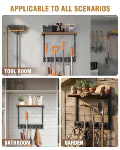 Supforce Small Broom Holder Wall Mount with Shelf, 4 Slots 3 Hooks - color: Black, size: Small