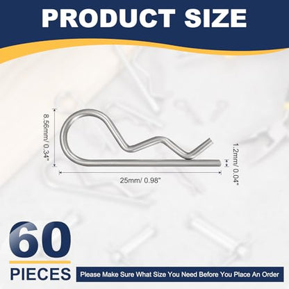 60pcs Cotter Pins M1.2x25mm Heavy Duty R Clips Hitch Pin Clip - size: M1.2 x 25mm