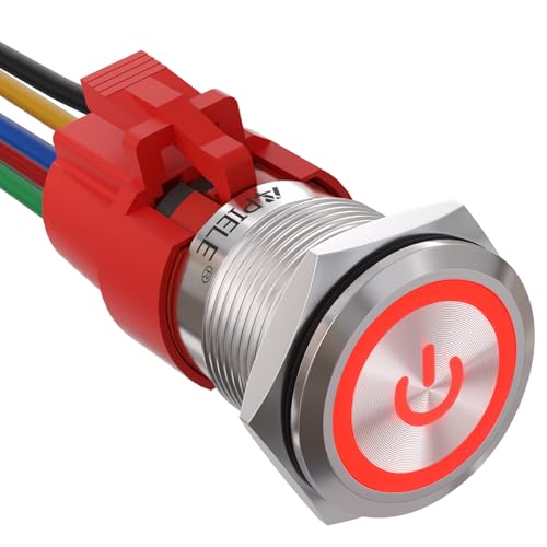 APIELE 19mm Latching Push Button Switch 3/4" 12V Power Symbol Car Metal with Socket Plug 1NO1NC SPDT ON/Off (Red) - color: Red