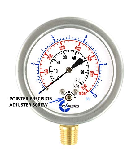 Diaphragm Low Pressure Capsule Gauge, 2-1/2" Dial, 10 PSI Range, 1/4" NPT Lower Mount, Stainless Steel Case, Brass Internals, Adjustable, Scales 10 PSI / 70 kPa / 700 mBar - size: 10 PSI