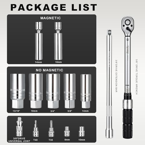 AEROFORCE 14PCS 3/8" Drive Spark Plug Socket Set – Includes 2 Magnetic Sockets (14mm, 16mm) & 5 Rubber-Grip Sockets + Torque Wrench (5-45 Lb.ft), Swivel Joint & Extension Bar – CR-V Steel - size: 14PCS