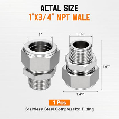 1" OD Compression x 3/4" NPT Male Union Coupling Connectors - size: 1" OD Compression x 3/4" NPT Male
