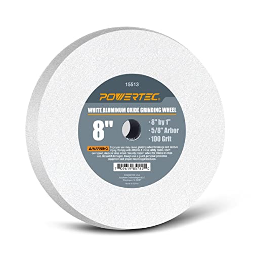 POWERTEC Bench Grinder Wheel 8 Inch 100 Grit, White Aluminum Oxide Grinding Wheel for Bench Pedestal Grinder, 1" Thick 5/8" Arbor, Sharpening & Shaping Drill Bits, Blade, and Chisel 1PK (15513) - size: 100 Grit, 1PK