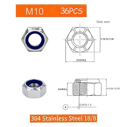M10-1.5mm Locknuts, 36PCS 304 (A2-70) Stainless Steel Nylon Insert Lock Nuts,Standard Metric Thread Nylock Nuts - size: M10-1.5mm 36PCS
