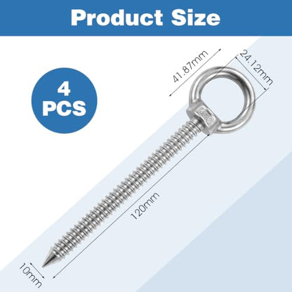 4 Pack 6.3" Heavy Duty Eye Hooks M10 Stainless Steel Screw in Eyelets