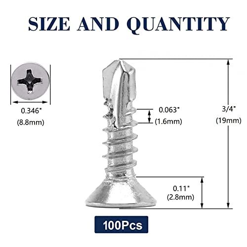 #10 x 3/4" Sheet Metal Screws 100Pcs 410 Stainless Steel Flat Head Tek Screws Fast Self Tapping Screws by SG TZH - size: #10 x 3/4"