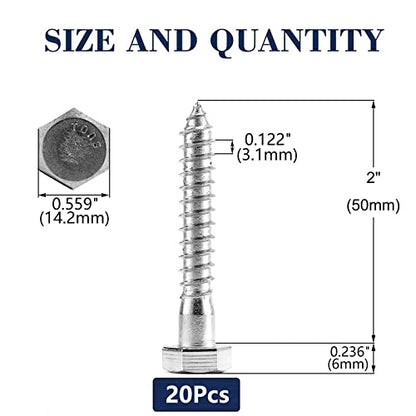 3/8" x 2" Hex Head Lag Screws Bolts 20Pcs 304 Stainless Steel 18-8, Partial Thread, Hexagon Head Wood Screws by SG TZH - size: 3/8-16 x 2"