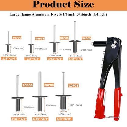 Pop Rivet Gun with Pop Rivets Assortment Kit,1000PCS 21 Sizes Black Pop Rivets, Large Flange Rivets, Washers for DIY/Automotive Repairs/Furniture,Packed in Portable Toolbox - size: 1001PCS
